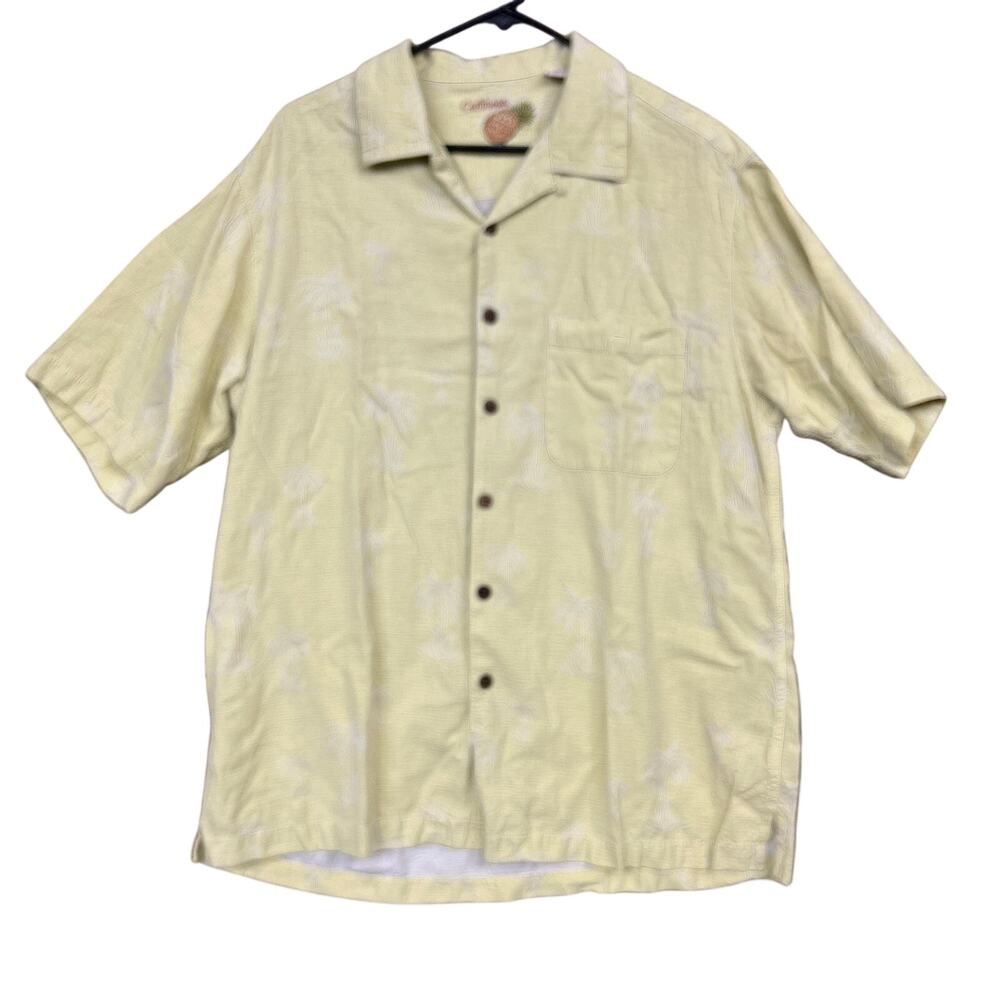 Caribbean Mens Shirt Pale Yellow Silk Blend Button Down Hawaiian Vacation Large
